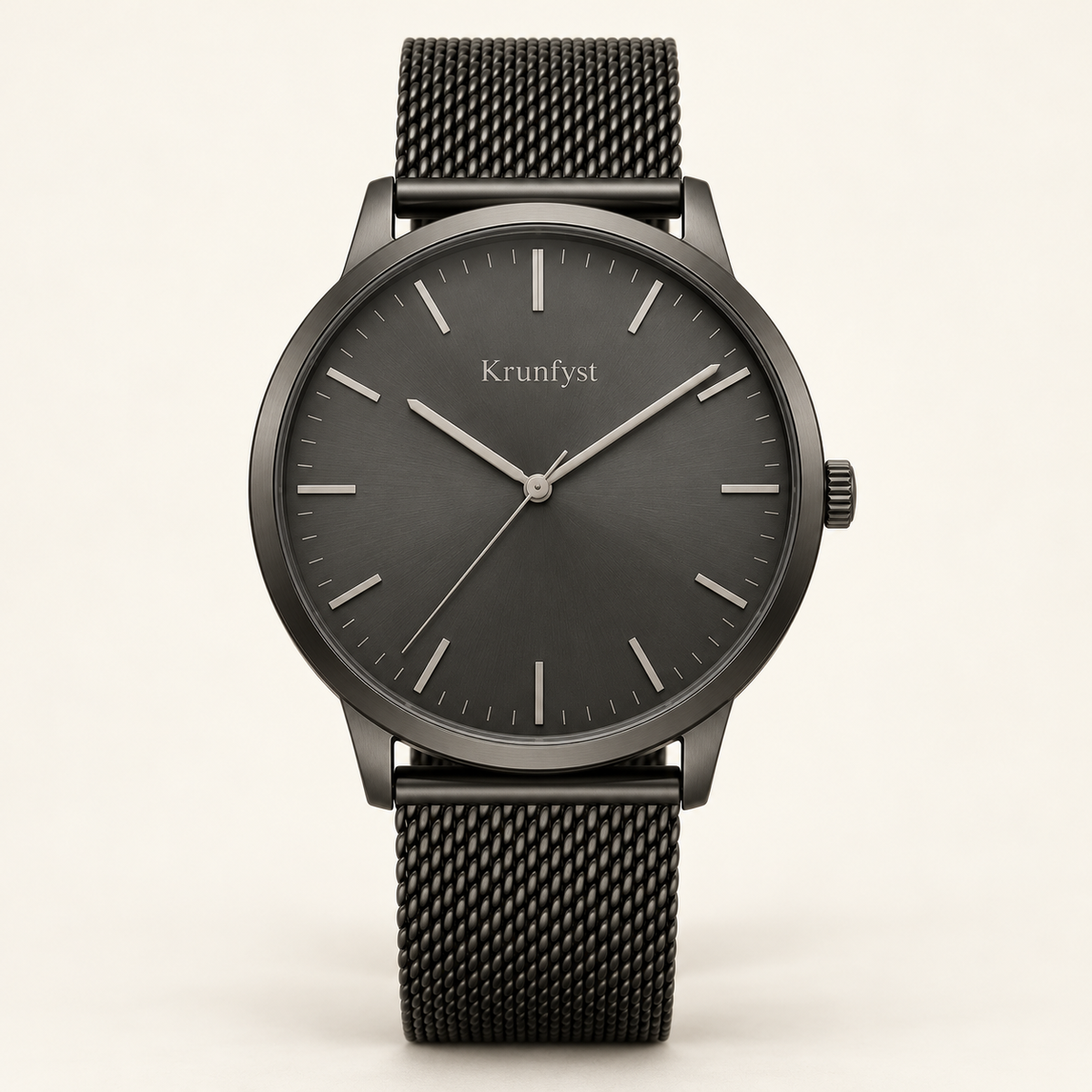 Krunfyst Graphite watch, charcoal dial, gunmetal case and black mesh bracelet, front view