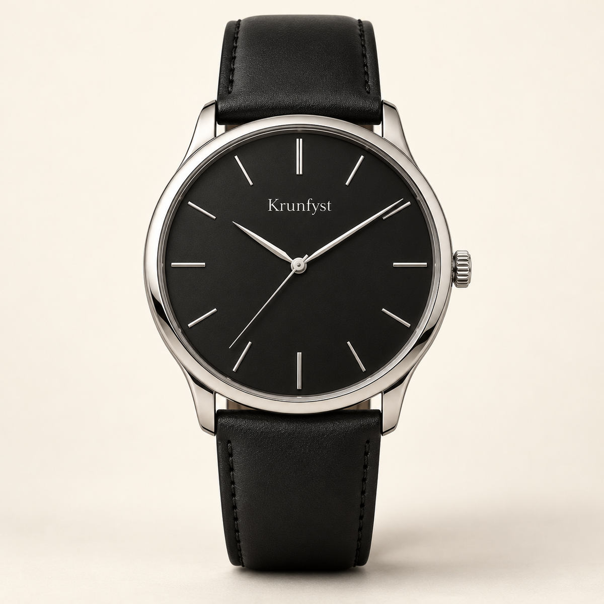 Krunfyst Nocturne watch, black dial and strap with silver-tone case, front view