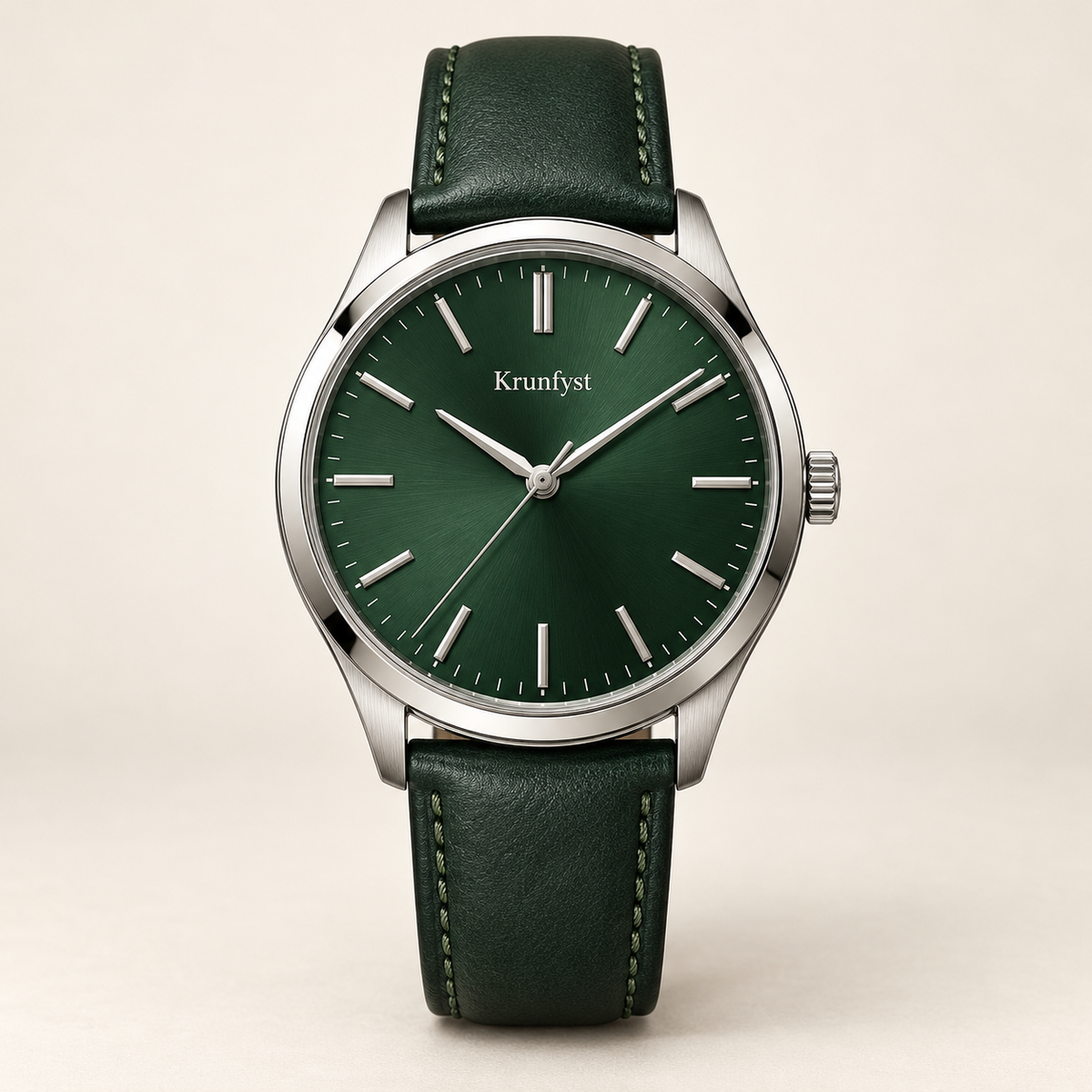 Krunfyst Verdant watch, forest-green dial and strap with silver-tone case, front view