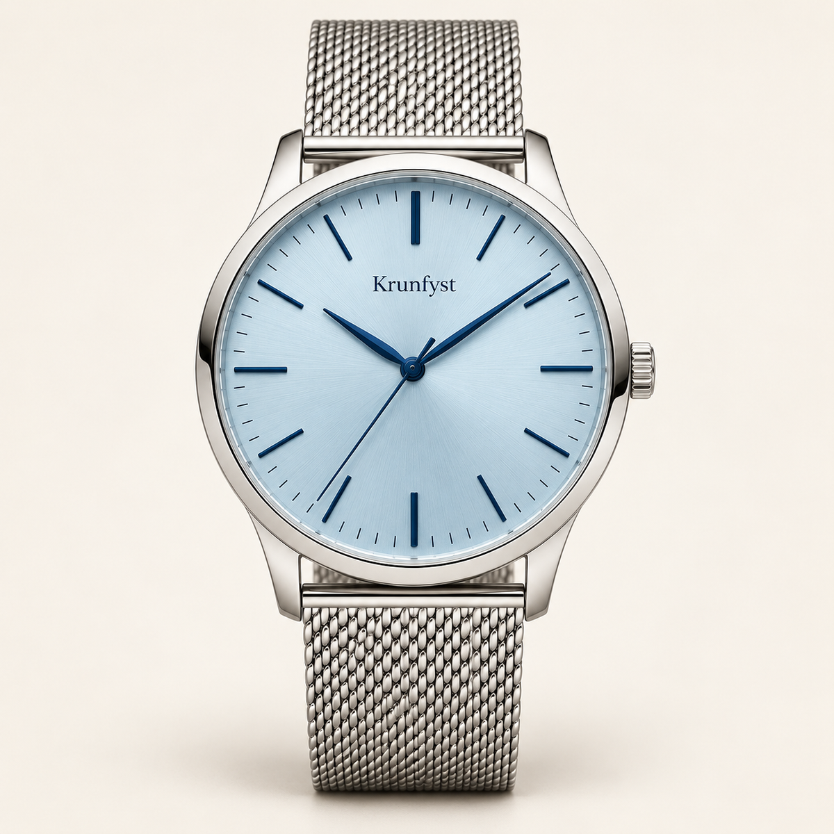 Krunfyst Arctic watch, ice-blue dial, silver-tone case and silver mesh bracelet, front view