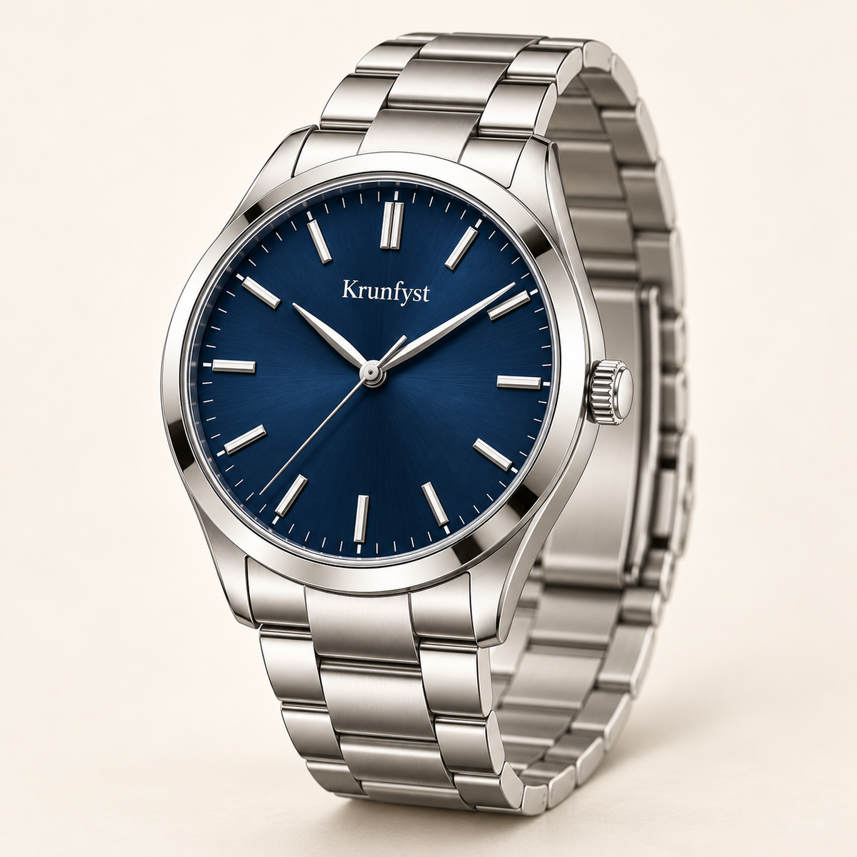 Krunfyst Azure watch, navy dial, silver-tone case and three-link bracelet, three-quarter angle