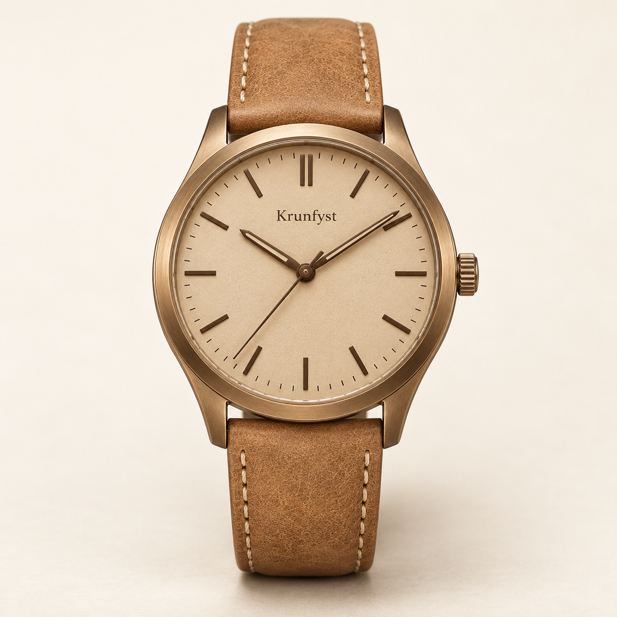 Krunfyst Dune watch, sand dial, bronze-tone case and tan strap, front view