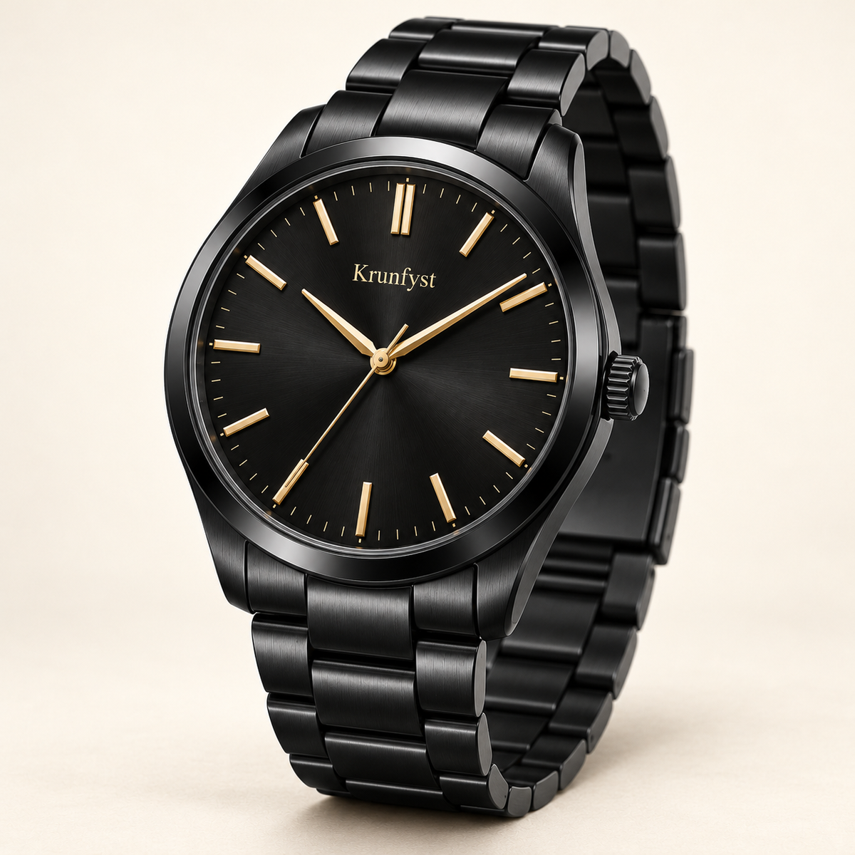 Krunfyst Eclipse watch, black dial, gold-tone markers and black three-link bracelet, three-quarter angle