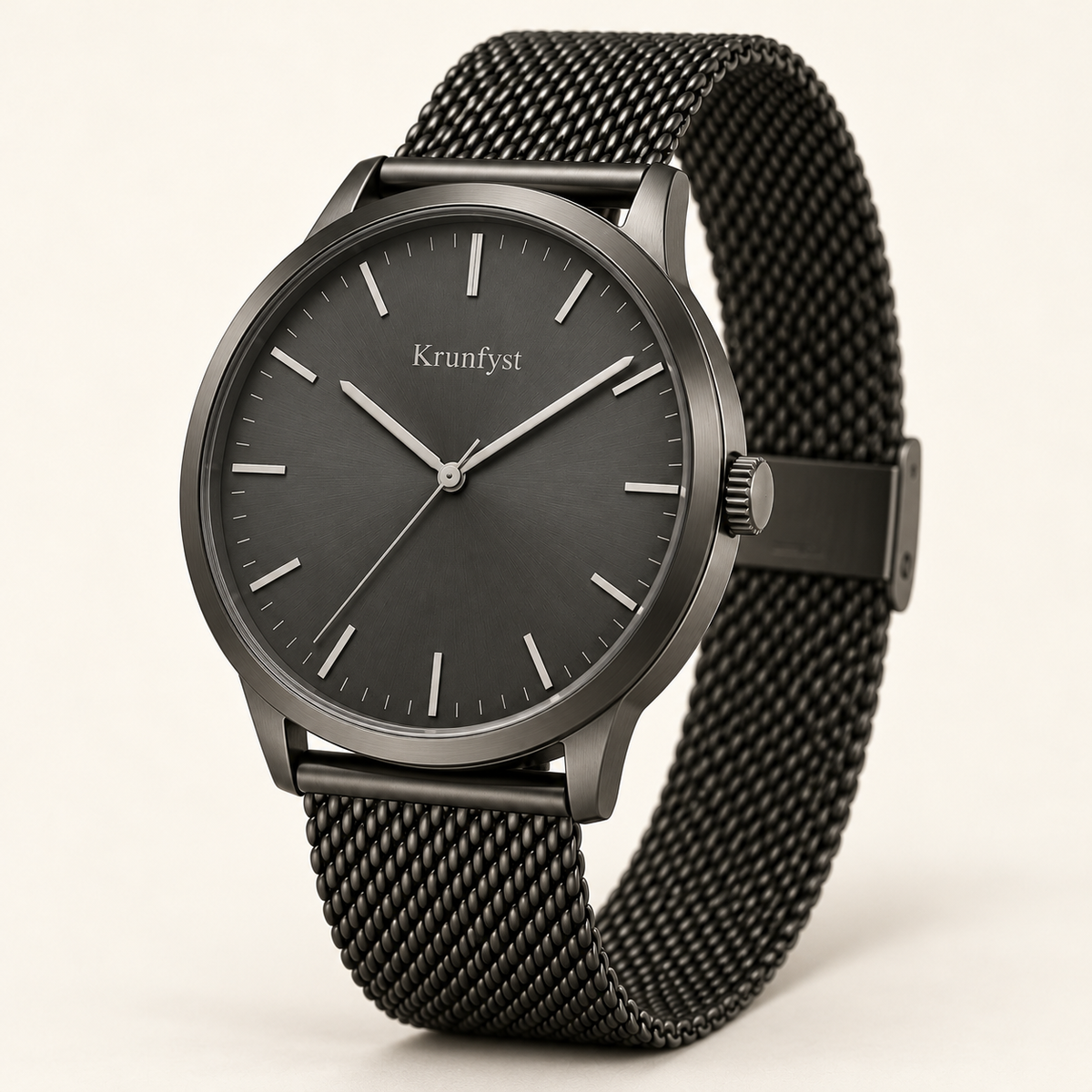 Krunfyst Graphite watch, charcoal dial, gunmetal case and black mesh bracelet, three-quarter angle