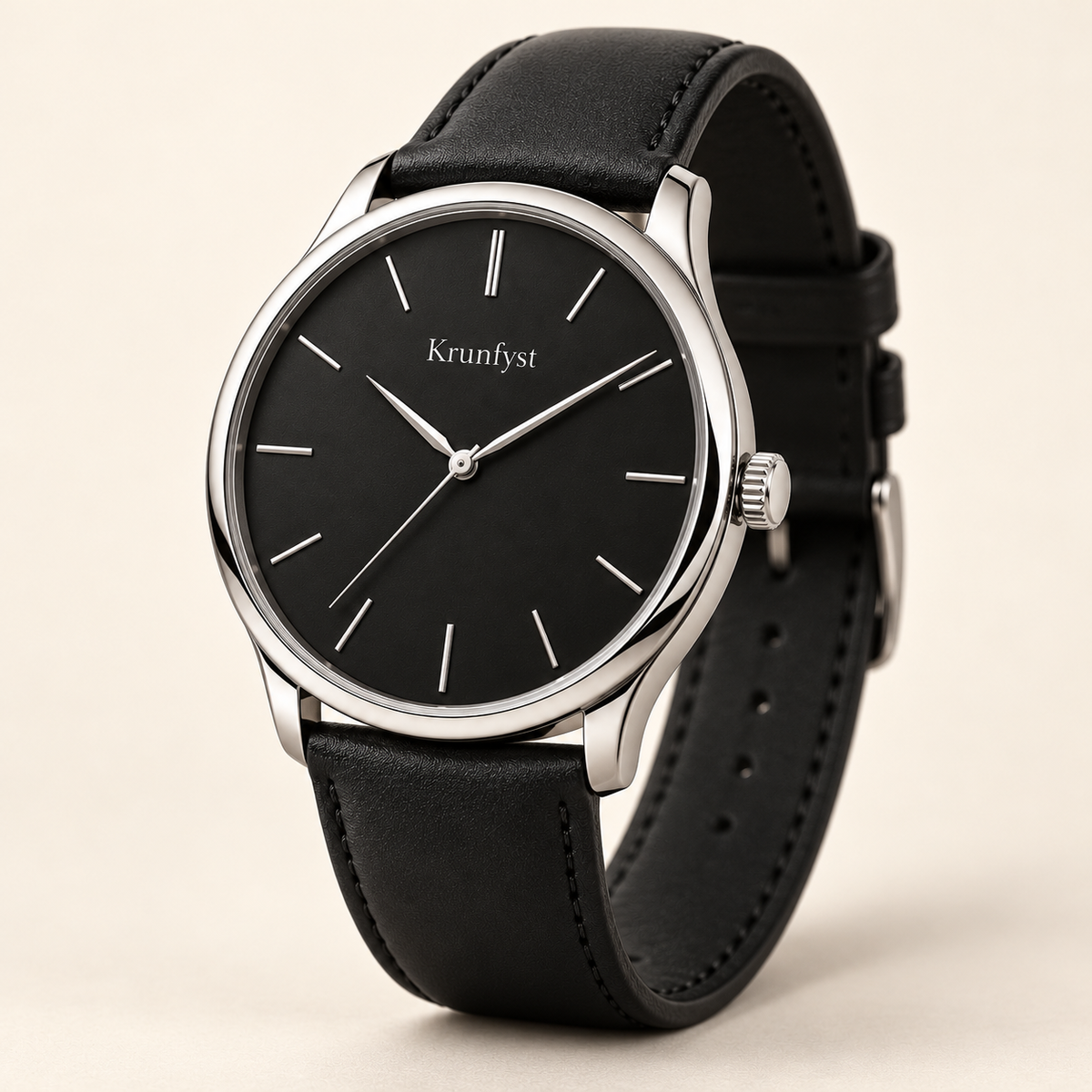 Krunfyst Nocturne watch, black dial and strap with silver-tone case, three-quarter angle