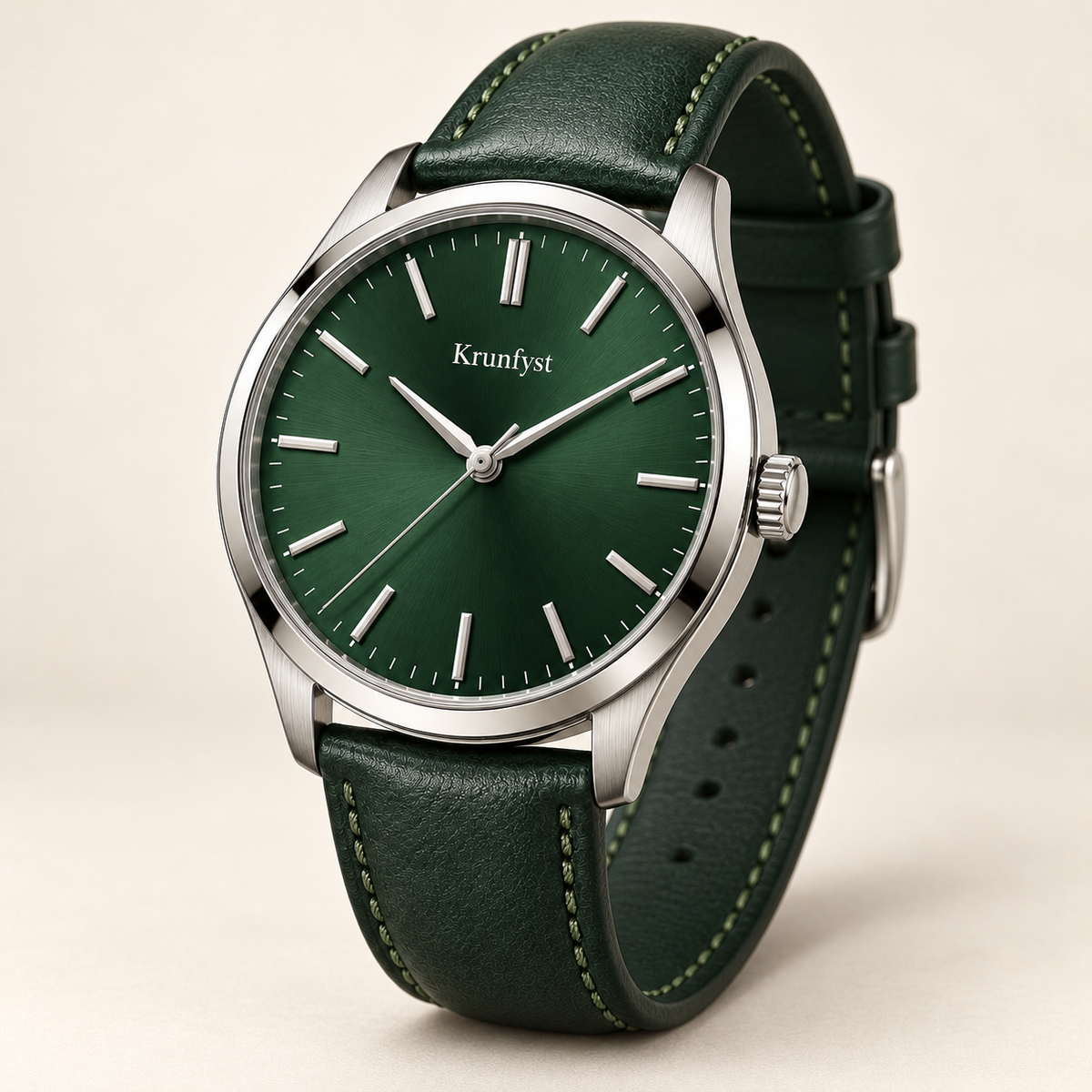 Krunfyst Verdant watch, forest-green dial and strap with silver-tone case, three-quarter angle